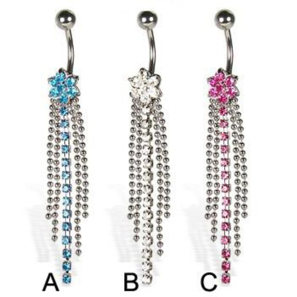 Navel Piercing ~ Long Tassel  ~ Flower Crystal ~ 3 - Colors